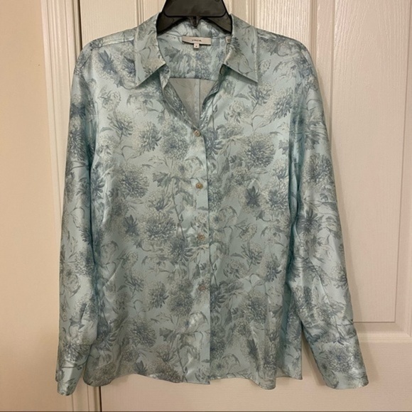 VINCE Dahlia Floral Print Spread Collar Long Sleeve Silk Blouse in Mint Size M - Picture 5 of 12